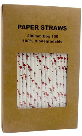 100 Pack Flamingo Paper Drinking Straws, 7.75 x 0.25 inches, Summer Party Pack (Red Flamingo)