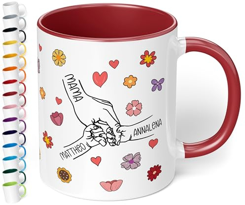 Personalisierte Tasse für Mama & Oma - Geschenk mit 1 bis 6 Kindern „Hände mit Namen“ – Muttertag, Geburtstag, Weihnachten - rundum bedruckt - Keramiktasse, ca. 330ml, Bordeaux, 2 Kinder