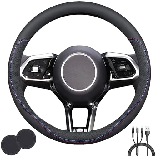 Universal Steering Wheel Cover for 14.5-15 Steering Wheel | Stylish Non-Slip Leather Steering Wheel Cover with 2 Coasters and 3-in-1 USB Charging Cable (Style C)