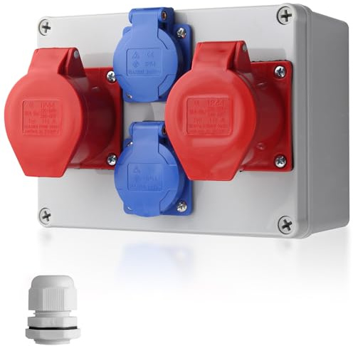 EYPINS Baustromverteiler, Wandverteiler 2x 230V Schuko-, 2x CEE-Steckdose 16A Stromverteiler IP66/IP54 Wasserdicht, Kleinstromverteiler für Innen und Außen Werkstätten Fabriken Festzelte Wohnmobil