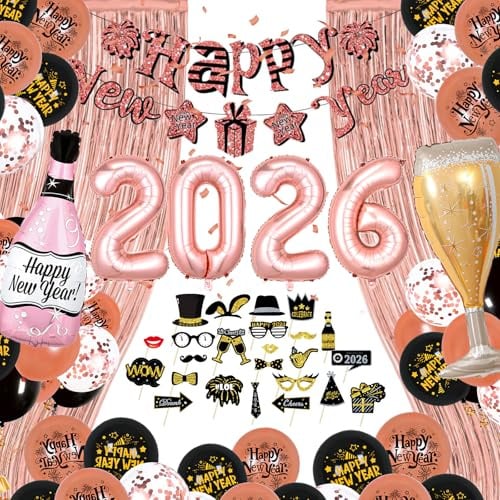 YEJIKJ Rosegold Silvester Deko 2026, Rosegold Partyzubehör Set, 2026 Silvester Deko Dekoration Set, Happy New Year 2026 Neujahrsdeko mit Fotorequisiten Konfetti Ballons