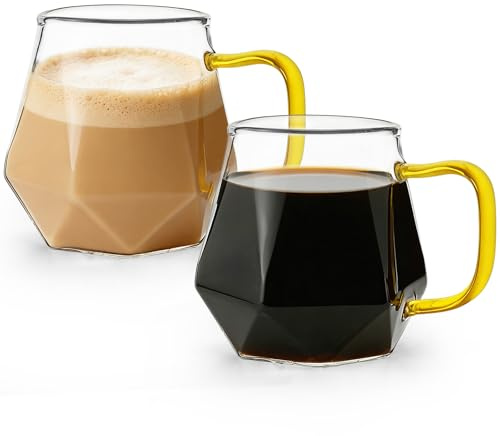 LONTOM Coffee Mugs Set of 2, 350ml Clear Glass Diamond-Shaped Coffee Mugs with Handle, Latte Glasses, Tea Cups, Glass Mugs for Espresso, Latte, Tea, Milk, Juice, Beverage Microwave & Dishwasher Safe