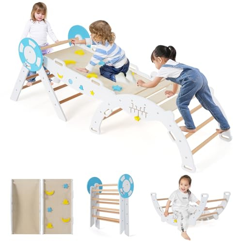 GOPLUS 7-in-1 Buntes Montessori Kletterdreieck, Kletterset für Kleinkinder mit nautischem Thema, Rampe, Bogen & faltbares Dreieck, Indoor Holz Baby Dreieck Kletterspielplatz, Klettergerüst für Kinder