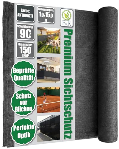F & R Sichtschutz Garten Zaunblende I Schattiernetz Anthrazit PE 1 x 15 m 150 g/m² I Sichtschutzmatte für Zaun & Garten, UV-stabil, wetterfest