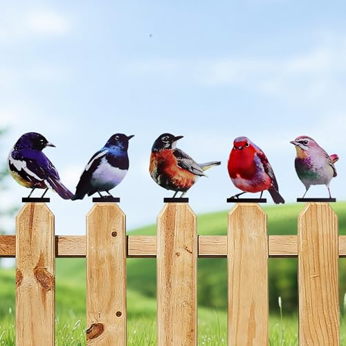 INQUIRLLY Doppelseitig Gartendeko Bemalte Vogel, 5 Stück Vögel Gartenstecker Deko für draußen wetterfest, Metall Vogel Garten Deko, Garten Deko Draußen für Holz Zaunfiguren Gartendeko