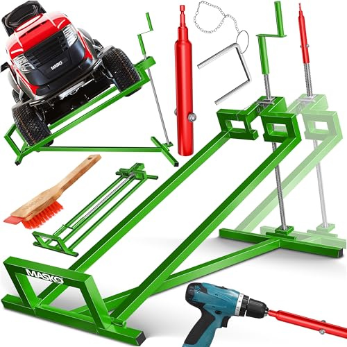 MASKO® XXL Rasentraktorheber 450 kg Hebevorrichtung Hebebühne Aufsitzmäher – Rasentraktor Heber, 45° verstellbar, universal Reinigungshilfe mit Adapter & Zubehör, Grün
