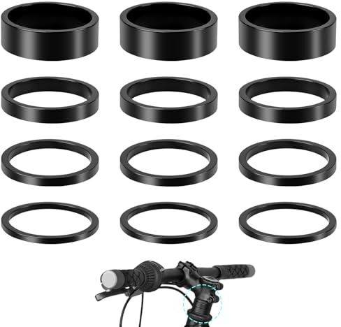 Alethron Pack of 12 Spacer 1 1/8 Inch Bicycle Stem Reverse Set Aluminium 2 mm/3 mm/5 mm/10 mm Black Distance Rings Bicycle Fork Headset Ahead Bicycle Handlebar Spacer for MTB Road Bikes Folding Bikes