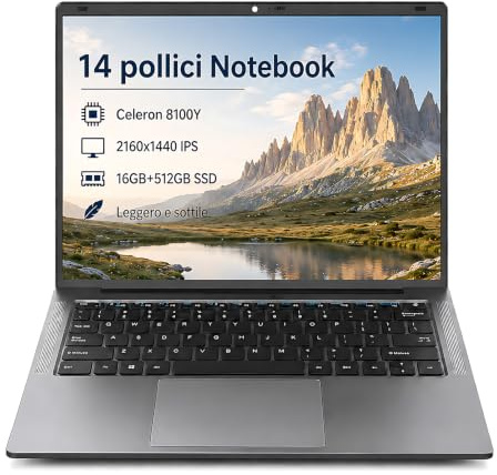 LONGEVINCE 2026 PC Portatile 14 Pollici 2K IPS (2160×1440), m3-8100Y fino a 3.4GHz/16GB+512GB SSD, Windows 11/USB 3.0/Ultra-Sottile, con Copritastiera Italiana (Grigio)