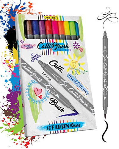 Online 19051 Calli.Brush 10er Set Handlettering Brush-Pen, Pinsel-Stifte Set, Kalligraphie-Set, Pens mit Calligraphie-Spitze und Pinsel-Spitze für Bullet Journaling, Wasserfarben, Geschenkbox