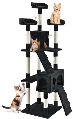 Juskys XXL Kratzbaum Amy - Katzenbaum mit Höhlen, Liegeflächen, Leitern & Sisal-Stämmen - Stabiler Kletterbaum für Katzen 170 cm hoch - Schwarz