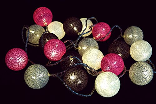 GURU SHOP Chaîne Lumineuse à Piles en Tissu 3xAA, Chaîne Lumineuse à Boules LED - Gris/marron/rose, Filsdecoton, Des Lumières de Fées