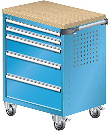 LISTA Art.Nr. 81.061.010 Werkstattwagen mit Holzabdeckung 36x27E (BxTxH) 894x525x928mm 5 Schubladen Lichtblau RAL 5012