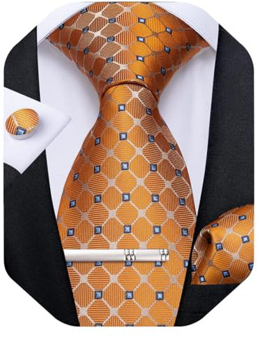 DiBanGu Karierte Krawatten für Herren, Seide, kariert, Krawatte und Einstecktuch, Manschettenknöpfe, Krawattenklammer-Set mit Geschenkbox für Hochzeit, Business, Orange/Abendrot im Zickzackmuster
