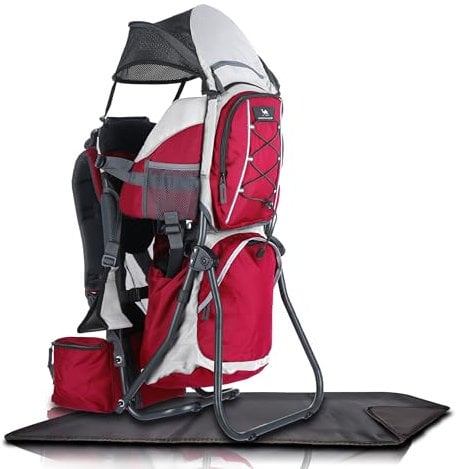 Dromader Kraxe Kindertrage bis 22kg – Kindertrage Wandern mit Sonnendach, Regenschutz, Thermotasche, Wickelmatte – Einhändig klappbare Rahmen – Rot