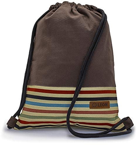 By Bers Leon großer Premium Turnbeutel mit Innentaschen Rucksack Tasche Damen Herren Teenager Gym Bag Draw String 45x34cm für Sport Reise Alltag Einkauf (streifen_braun)