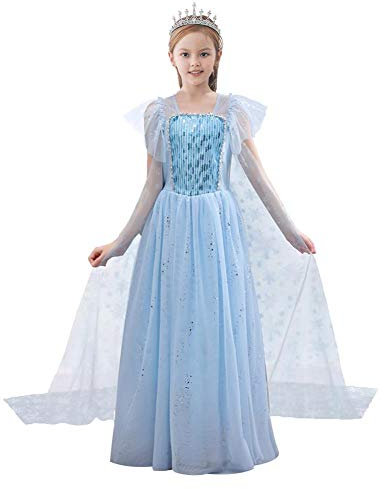 IWEMEK Mädchen Eiskönigin Kostüm ELSA Kleid mit Schneeflocke Umhang Pailletten Schneekönigin Prinzessinkleid Weihnachten Halloween Karneval Fasching Verkleidung Partykleid Kinder Blau 4-5 Jahre