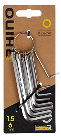 RHINO - Clés Allen - Lot de 8 clés mâle hexagonale, Jeu de 8 clés Allen - Diamètre 1.5 à 6 mm - Fabriqué en Acier (Chrome Vanadium) - Garantie à Vie - Plusieurs Tailles Disponibles