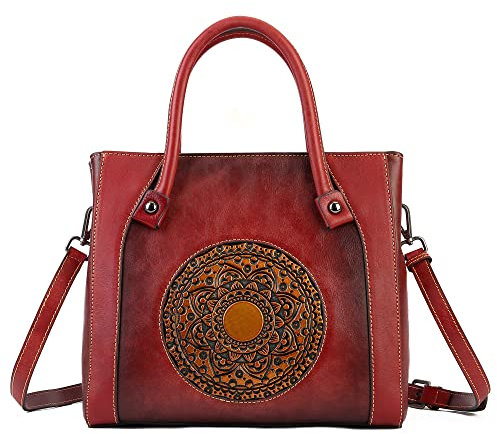 Handtasche aus echtem Leder für Damen, Retro-Prägung, Mandala-Design, Geldbörse, Organizer, Vintage, handgefertigt, Crossbody, 3299 Rot