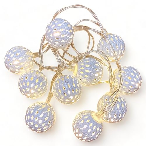 LED-Lichterkette mit 10 warmweißen LEDs 1 Meter lang, batteriebetrieben (marokkanische Kugeln, weiß)