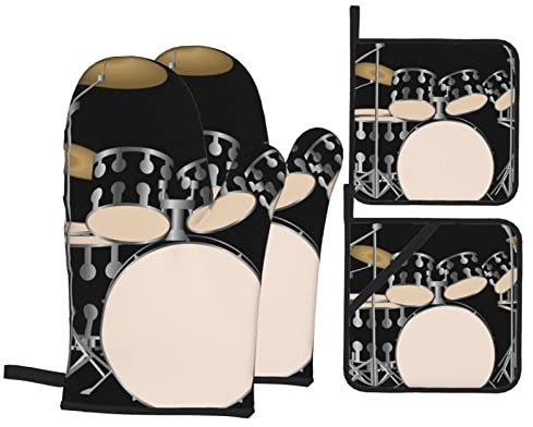 Jazz Drum Ofenhandschuhe und Topflappen Sets Hitzebeständig und Umweltfreundlich Küche Backen Set 4 Stück