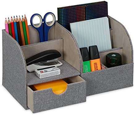 Relaxdays Schreibtisch Organizer, Schublade & 6 Fächer, Leinenoptik, HBT: 14,5 x 28 x 14,5 cm, Stiftehalter Büro, grau
