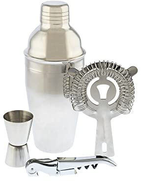 Koala Spain Kit Shaker Acciaio Inox (4 Pezzi), 1 Shaker 500 ml, 1 Colino Verme 1 Meter 15/30 ml, 1 Cavatappi Due Tempi