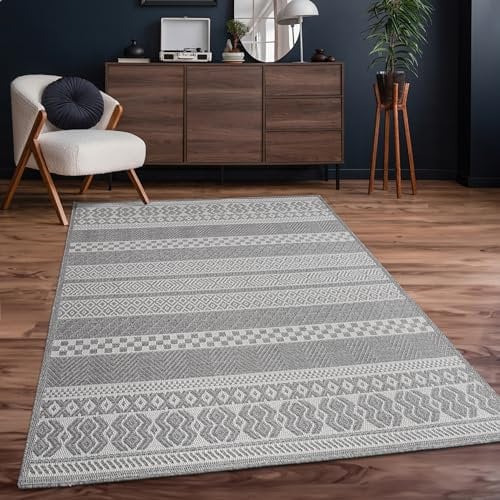 Paco Home Outdoor Teppich Flachgewebe Modern Boho-Style wetterfest & UV-beständig Ideal für Terrasse Balkon Wohnzimmer & Küche, Grösse:300x400 cm, Farbe:Grau 4