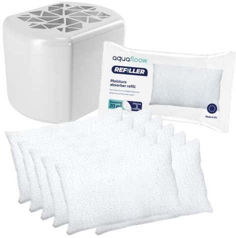Aquafloow Dehumidifier Moisture Killer + 10x250g Refill Bag Granules | White, Electricity-Free, Continuous Operation, Up to 20m2, 11x13x10cm