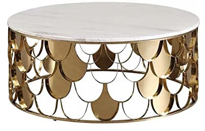 DYPASA Couch Beistelltische Nordic Light Luxus Fischschuppen Rund Glas Marmor Couchtisch Modern Minimalistisch Wohnzimmer Edelstahl Teetisch Couchtische (Farbe: Gold, Größe: 100 x 42 cm)