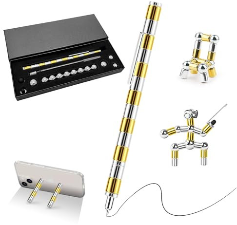 Magnetischer Kugelschreiber Fidget Pen, Lustig Multifunktions Magnetstift mit Stylus Stift voll Kreativität und Stressabbau Geschenk für Papa Männer Frauen Kinder Jugendliche Golden Silber- 13 Ringe