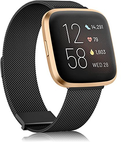 AK Armband Kompatibel mit Fitbit Versa 2/Fitbit Versa/Fitbit Versa Lite Armband, Edelstahl Metall Ersatzarmband mit Verbesserter Magnet für Damen Herren (Schwarz)
