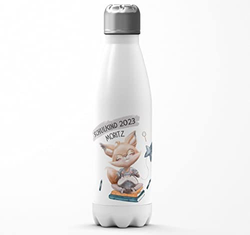 Mikalino Kinder Edelstahl Trinkflasche Schulkind 2023 Fuchs zockt mit Namen Einschulung Geschenk Schulanfänger Thermosflasche Mädchen Junge, Farbe:weissweiss, Grösse:500ml