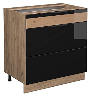 Vicco Küchenunterschrank Fame-Line, Schwarz-Eiche Hochglanz/Goldkraft Eiche, 80 cm mit 3 Schubladen, ohne Arbeitsplatte
