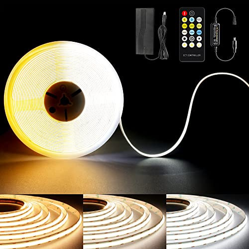 TTWAY CCT COB LED Streifen 10M, Dimmbar 2700K- 6500K 24V einstellbare weiße LED lichtband Set mit RF Steuerung und Adapter, 608LEDs/m CRI93+ Daul weiße Strip für Innen,zimmer, DIY.