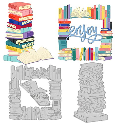 GLOBLELAND Stanzschablonen Für Buchfenster, Rechteckiger Rahmen, Gestapelte Bücher, Prägeschablone, Edelstahl, Stanzen Für Scrapbooking, DIY-Papierhandwerk