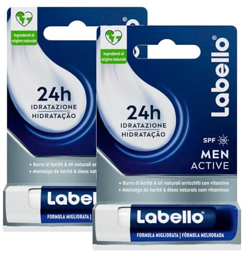 Labello Active for Men Lippenbalsam Feuchtigkeitsspendend Burrocacao Sonnenschutz SPF 15 Farblos mit natürlichen Ölen - 2 Sticks