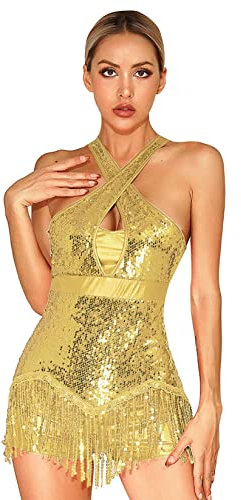 Runhomal Damen Pailletten Bodysuit Tanzbody mit Quaste Latin Cha-Cha Leotard Jumpsuit Fransen Turnbody Ballettanzug Tanzkleidung Performance Kostüm Gold XXL