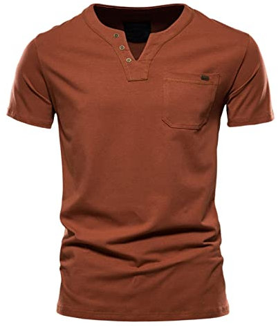 Herrenmode lässig einfarbig Baumwolle V-Ausschnitt Tasche Knopf Kurzarm T-Shirt Top Tick Key