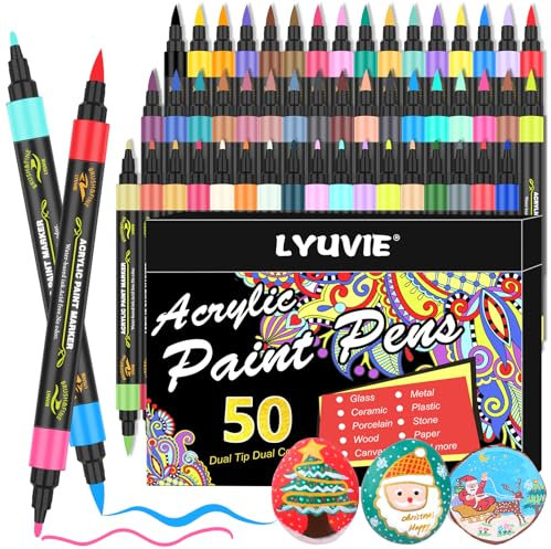 Lyuvie 100 Couleurs Feutre Marqueur Peinture Acrylique,50 Pcs Acrylic Paint Marker Stylo Peinture Acrylique Pointe Fine & Pinceau pour Roche Tissu Pierre Bois Verre Papier Plastique