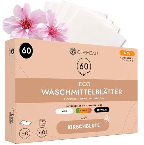 Cosmeau Waschmittel Blätter Kirschblüte - bis zu 60 Waschgänge (60 Blätter) - Nachhaltiges Waschmittel für Weiß, Farbe und Schwarz - Plastikfrei, Abbaubar & Perfektes Reisewaschmittel