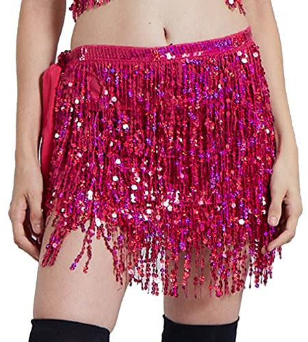 PANGHUBO Minigonna a vita bassa, gonna nera con paillettes nere, gonna con frange, gonna con paillettes da donna, gonna metallica, Fucsia 3, Taglia unica