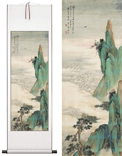Orientalische Gemälde,Chinesische Malerei Bilder,Asiatische Rollbilder,China Büro Dekoration，Asia Restaurant Dekoration，Japanische Wanddeko Seidenmalerei，QingLv Grün Bergkarte,Figurenmalerei,40*119cm