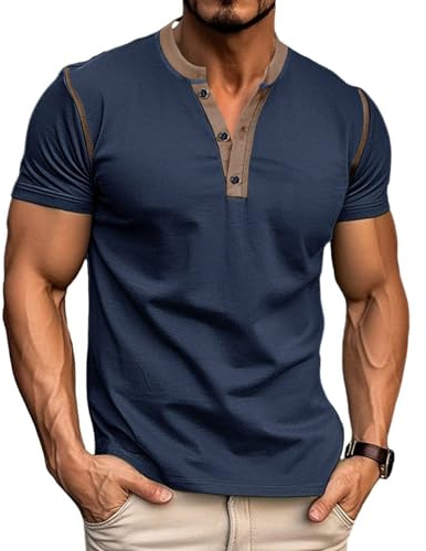Mens Casual Short Sleeve Henley Shirts Classic Summer T-Shirt v Neck Lightweight Tee Navy