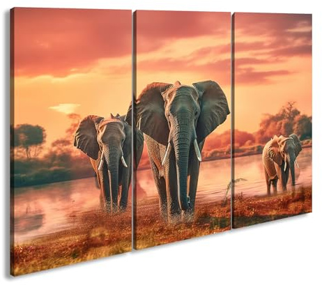 Leinwandbild Elefanten im Sonnenuntergang, Wasserreflexionen Format: 120x80 cm (3Teilig) XXL Kunstdruck Bild auf Keilrahmen/Wandbild/Wohnzimmer Deko