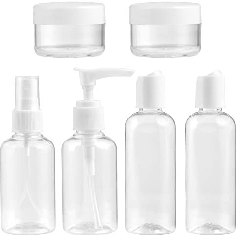Hardys Travel Essentials - 7pc Clear Bag & Plastic Travel Bottles for Toiletries; Refillable 100ml Travel Bottles, 75ml Spray & Pump Bottles, 20ml Jars; Holiday Toiletries Set