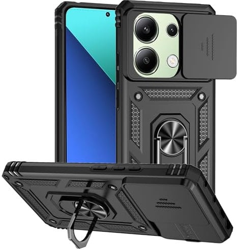 XINYEXIN Kameraschutz Handyhülle für Xiaomi Redmi Note 13 Pro 4G / Poco M6 Pro 4G Hülle mit 360 Grad Metal Ring Ständer Stoßfest Schutzhülle Hard Case Sliding Camera Cover - Schwarz