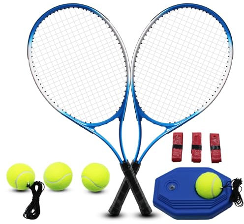 ZHUOKECE Tennisschläger für Erwachsene, 2 Spieler Erwachsene Freizeit Tennisschläger Set für Anfänger und Profi mit 4 Tennisbällen, 3 Overgrips, 1 Tennistasche (Blau)