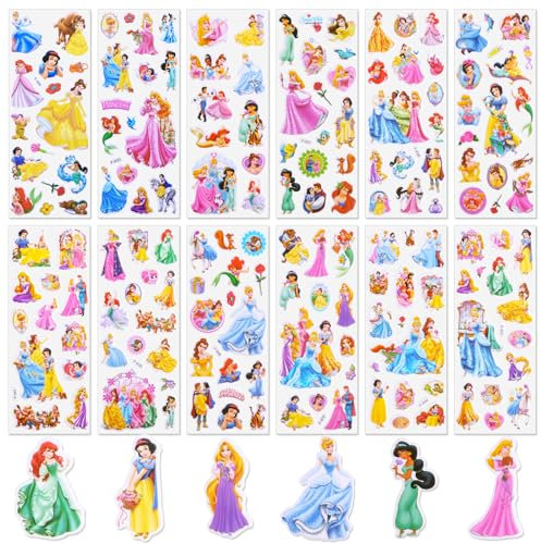 Prinzessin Sticker Kinder 3D-12 Blätt Princess Sticker Vinyl Puffy Aufkleber Mädchen Wasserfest Anime Geschwollen Stickers Deko Set Party Mitgebsel Kindergeburtstag für Laptop Skateboard Scrapbook