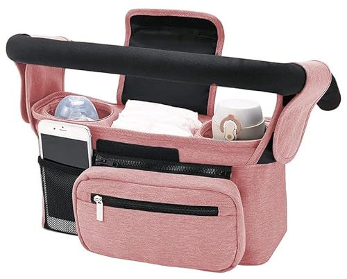 Baby Pushchair Organiser Pram Bag Stroller Organizer, Multifunctional Baby Pram Buggy Storage Bag with 2 Insulated Cup Holder, Detachable Pocket, Shoulder Strap, Universal Fit All Buggy Models (Pink)
