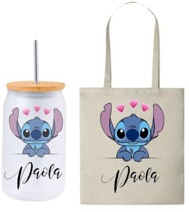 LA CASA DE LA TAZA | Pack Tote Bag y Vaso de Cristal Personalizados con Foto de Stitch y Nombre | Regalos Personalizados para Mujer y Fans | Bolsa Playa | Cosas de Stitch | Ideal Para Regalos